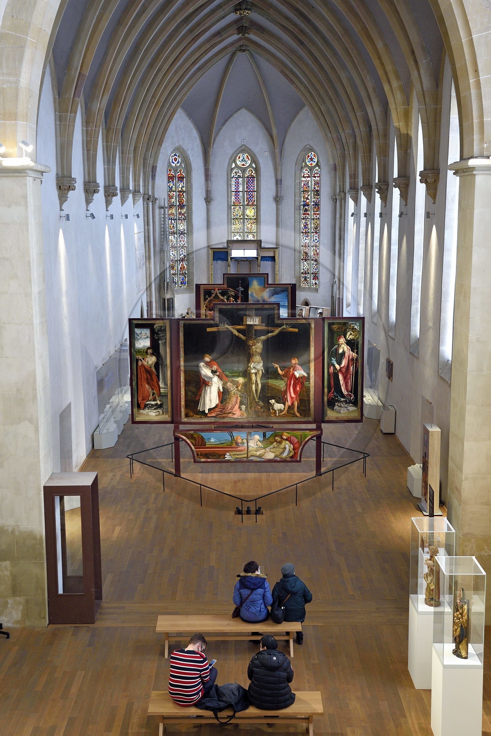 France, Haut-Rhin (68), Colmar, le musée Unterlinden, le retable d'Issenheim attribué à Grünewald, scène de la Crucifixion et Mise au tombeau