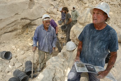Israel, West Bank, Herodium or Herodion is a volcano-like hill with a truncated cone with a a fortress and palace build by Herod the Great (Herodion National Park), the Royal Box at King Herod's Theater excavations were conducted by Prof. Ehud Netzer and now by Yakov Kalman