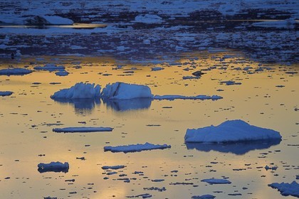 Groenland, cote ouest, baie de Disko, icebergs dans la baie de Quervain au crépuscule