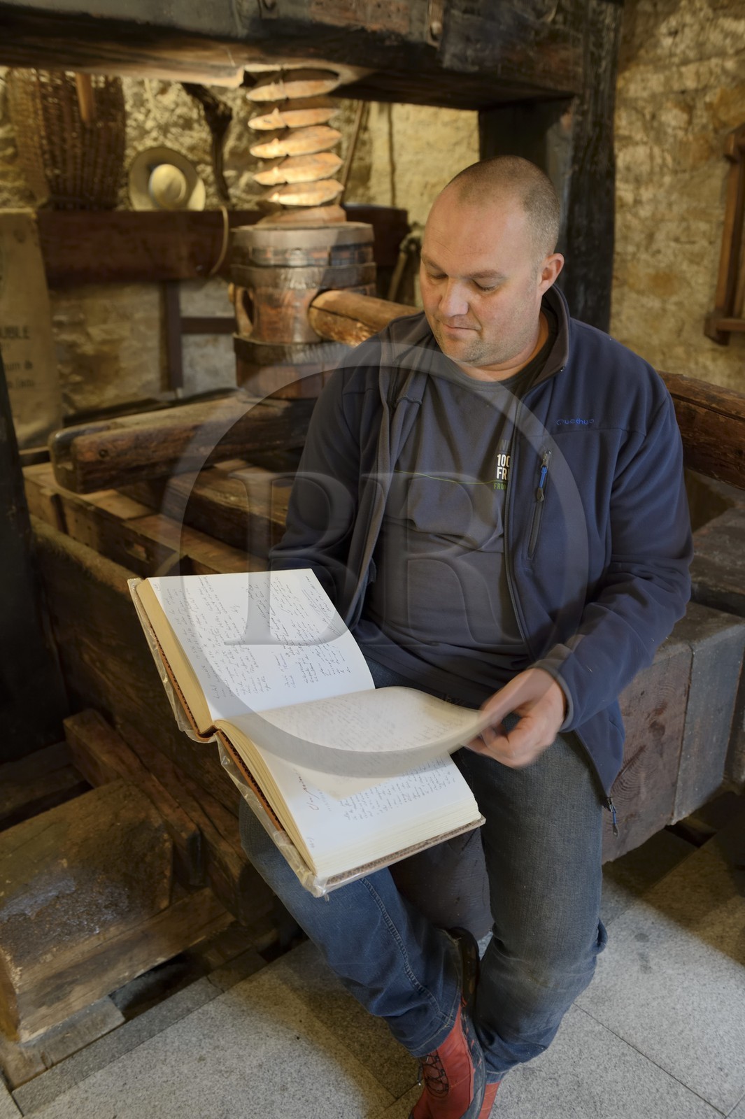 France, Bas-Rhin (67), Route des Vins d'Alsace, Mittelbergheim, labellisé Les Plus Beaux Villages de France, le musée viticole-conservatoire, le viticulteur Nicolas Wittmann consultant le livre historique des vendanges du village