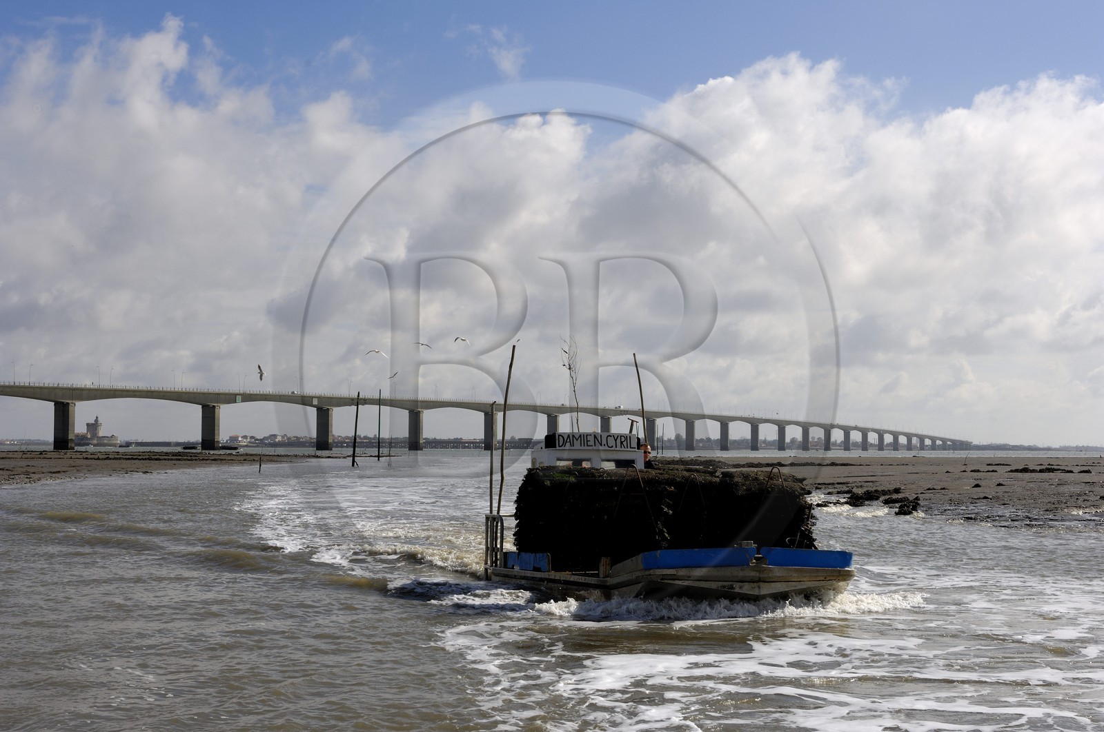 France, Charente-Maritime (17), Ile d'Oléron, le pont viaduc d'Oléron et chaland à huîtres entrant dans le chenal d'Ors