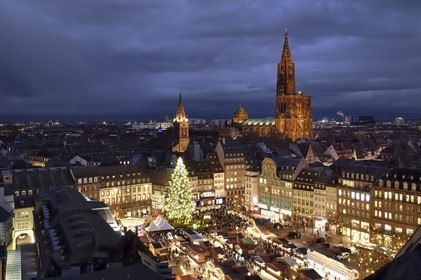 France, Bas Rhin, Strasbourg, old town listed as World Heritage by UNESCO, the big Christmas tree on the place Kleber and the cathedral