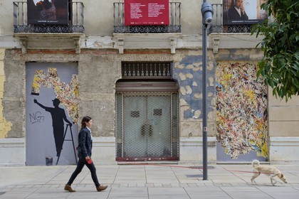 Spain, Andalusia, Malaga, Soho district, barrio de las Artes (Arts District), Maus street art, mural by Pejac in calle Tomas Heredia