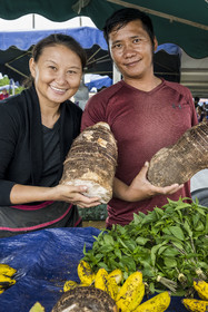 France, French Guiana, Javouhey, Sunday market Hmong refugees from Laos who arrived in 1978 and have specialized in fruit farming, Monica and her husband in front of their stall selling taro roots, Thai basil, and bananas