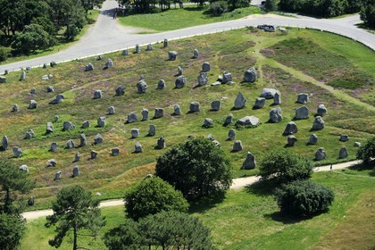 France, Morbihan, Carnac, row of megalithic standing stones at Kermario (aerial view)