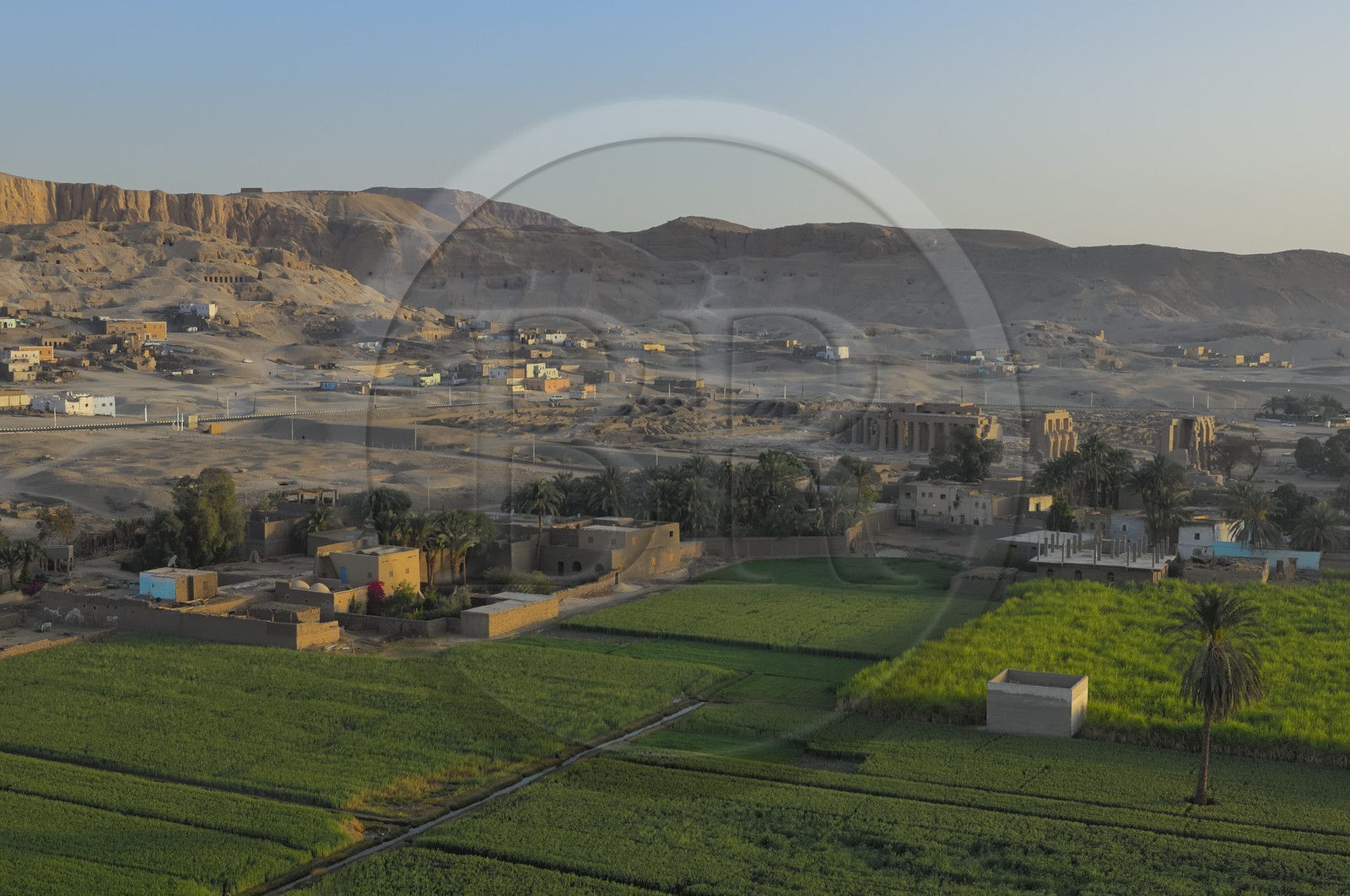 Egypte, Haute Egypte, vallée du Nil, environs de Louxor, nécropole thébaine classée Patrimoine Mondial de l'UNESCO, Thèbes Ouest, temple de Ramesseum (vue aérienne)