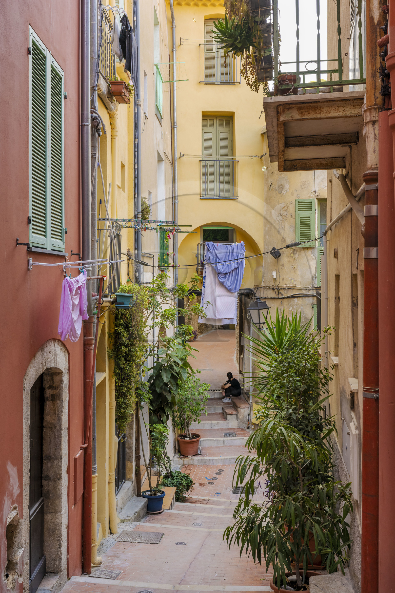 France, Alpes-Maritimes, Menton, old town, staircase alley maze, rue Acquassoma France, Alpes-Maritimes, Menton, old town, staircase alley maze, rue Acquassoma