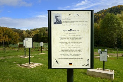France, Meuse, Lorraine Regional Park, Cotes de Meuse, the Literary Garden of Saint-Remy-la-Calonne, 16 panels in 3 languages ​​(French, German and English) evoking through excerpts from their text the experiences and reflections of iconic writers fighters of the Great War