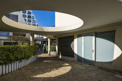 France, Herault, La Grande-Motte, labeled 20th century heritage, Levant (rising sun) district east of the port, rear of the Acapulco building of the Jean Balladur architectural firm, also nicknamed the Noses of De Gaulle