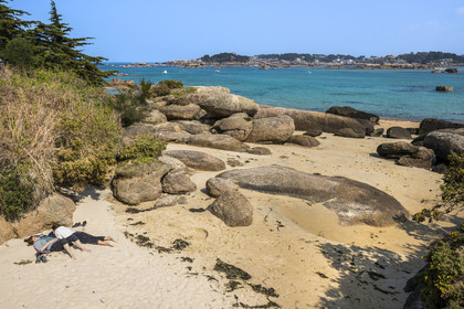 France, Côtes-d'Armor (22), Côte de Granit Rose, Trégastel, Ile Renote, le chaos granitique émerge de la plage à marée basse