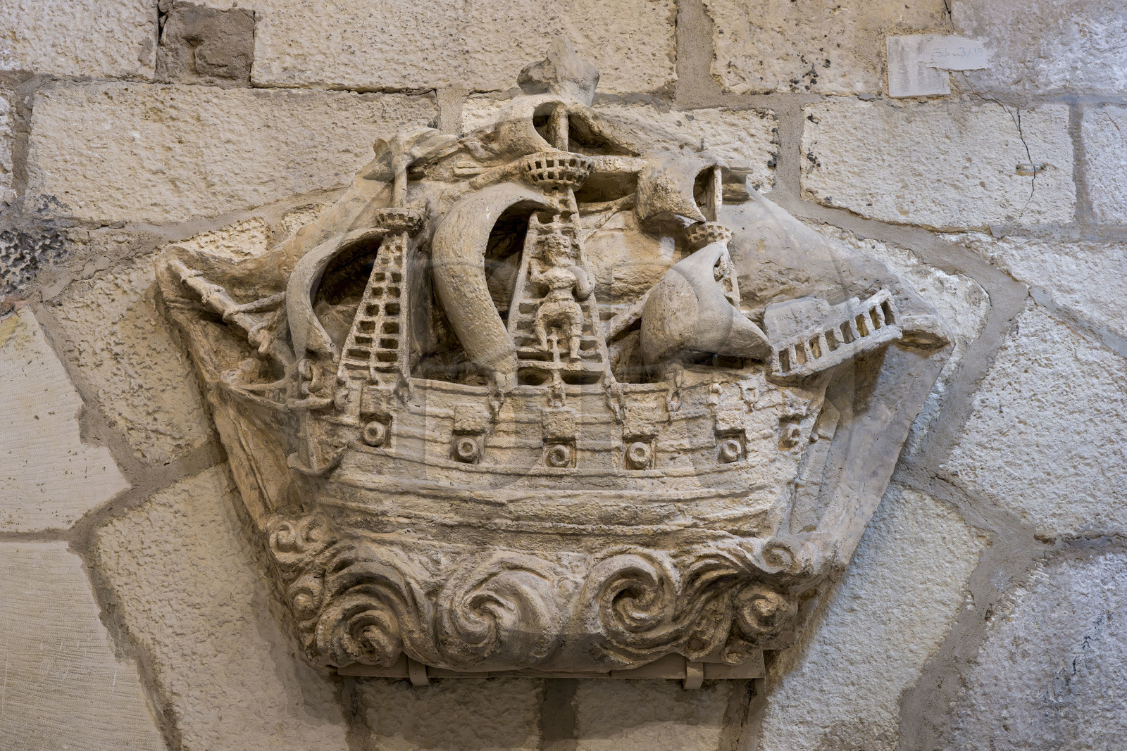 France, Charente Maritime, La Rochelle, the Old Port, Tour Saint Nicolas, bas-relief representing a warship on the fireplace of the Captain's room