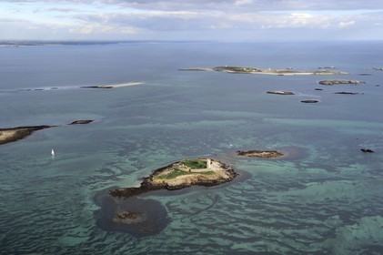France, Finistere, La Foret Fouesnant, Glenan islands, Fort Cigogne on Cigogne Island and Penfret Island in the background (aerial view)