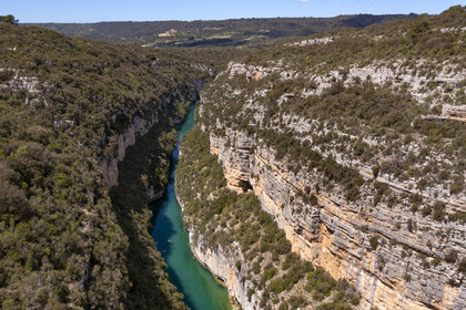 Var on the Left Bank and Alpes de Haute Provence on the Right Bank, Parc Naturel Regional du Verdon, Basses Gorges du Verdon downstream of Lake St. Croix, the gorges de Baudinard  (aerial view)