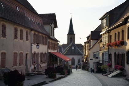 France, Bas-Rhin, Parc regional des Vosges du nord (Northern Vosges Regional Natural Park), La Petite Pierre, the simultaneous church Notre-Dame at the end of the rue du Chateau