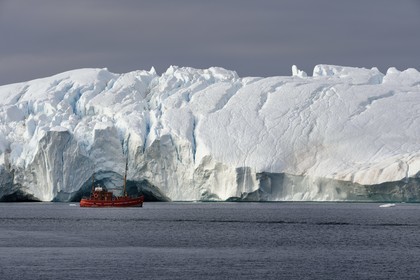 Groenland, cote ouest, baie de Disko, Ilulissat, fjord glacé classé Patrimoine Mondial de l'UNESCO qui est l’embouchure maritime du glacier Sermeq Kujalleq, ancien bateau de pêche reconverti pour la découverte des icebergs et l'observation des baleines