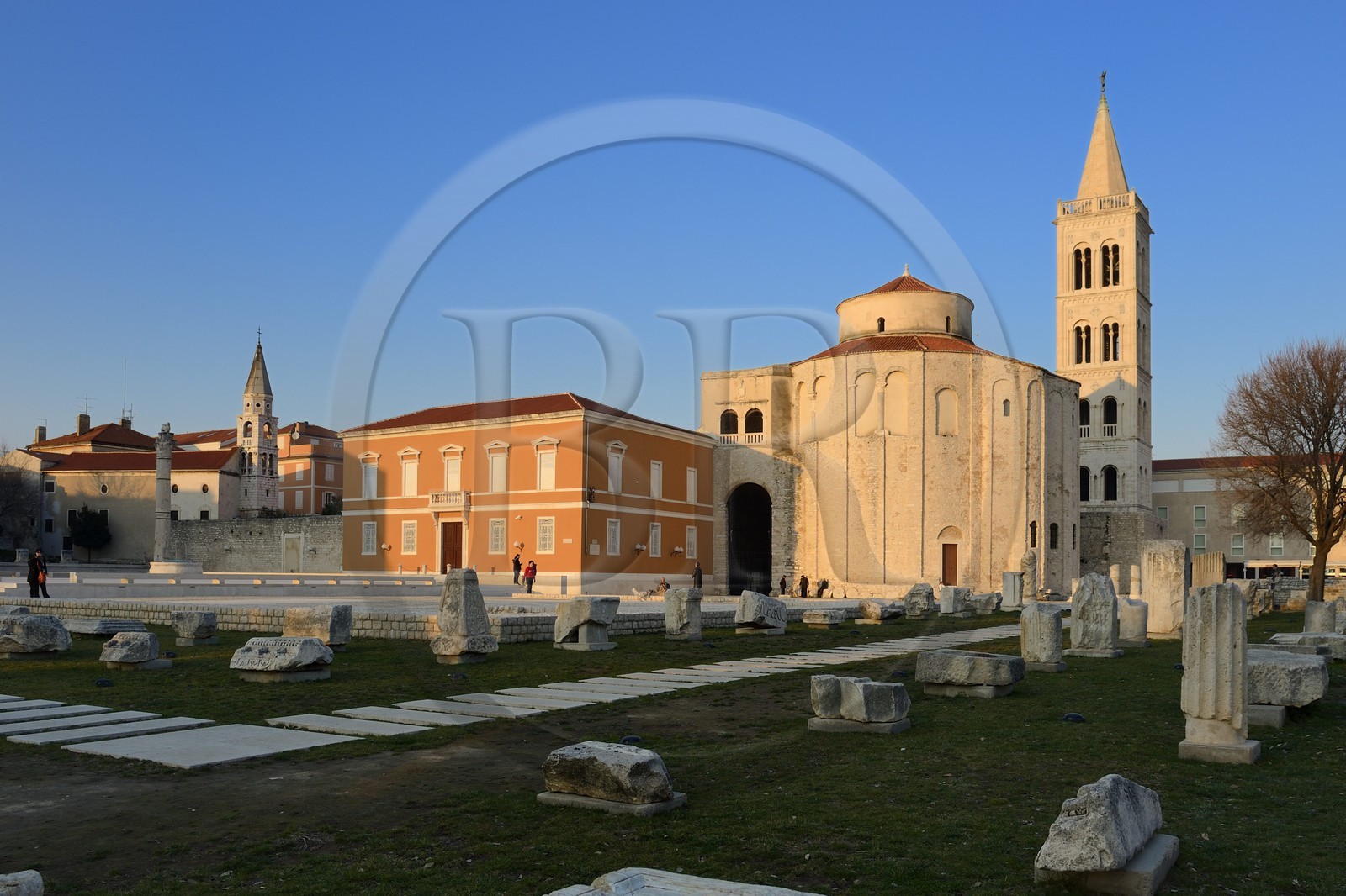 Croatie, Dalmatie, côte dalmate, Zadar, le forum romain, l'église Saint Donat et le campanile de la cathédrale Croatie, Dalmatie, côte dalmate, Zadar, le forum romain, l'église Saint Donat et le campanile de la cathédrale