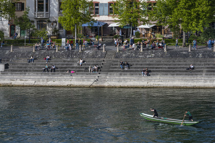 Switzerland, Canton Basel-Stadt, Basel, Little Basel district on the right bank of the river Rhine, large flat-bottomed boat called weidling, it is also a sport