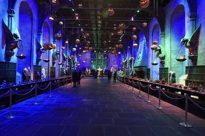 United Kingdom, Hertfordshire, Leavesden, Leavesden Film Studios, Harry Potter Studio Tour London, the scene of the eight Harry Potter movies' making of, the great hall in Hogwarts School featuring over 100 hand-carved floating pumpkins for halloween