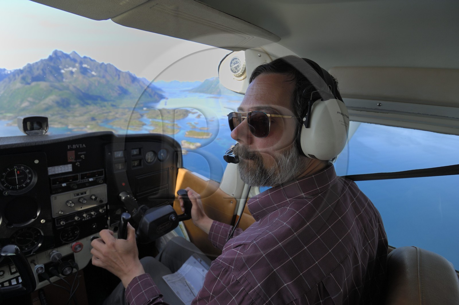 Norway, Nordland County, Lofoten Islands, cesna 172 pilote (aerial view)
