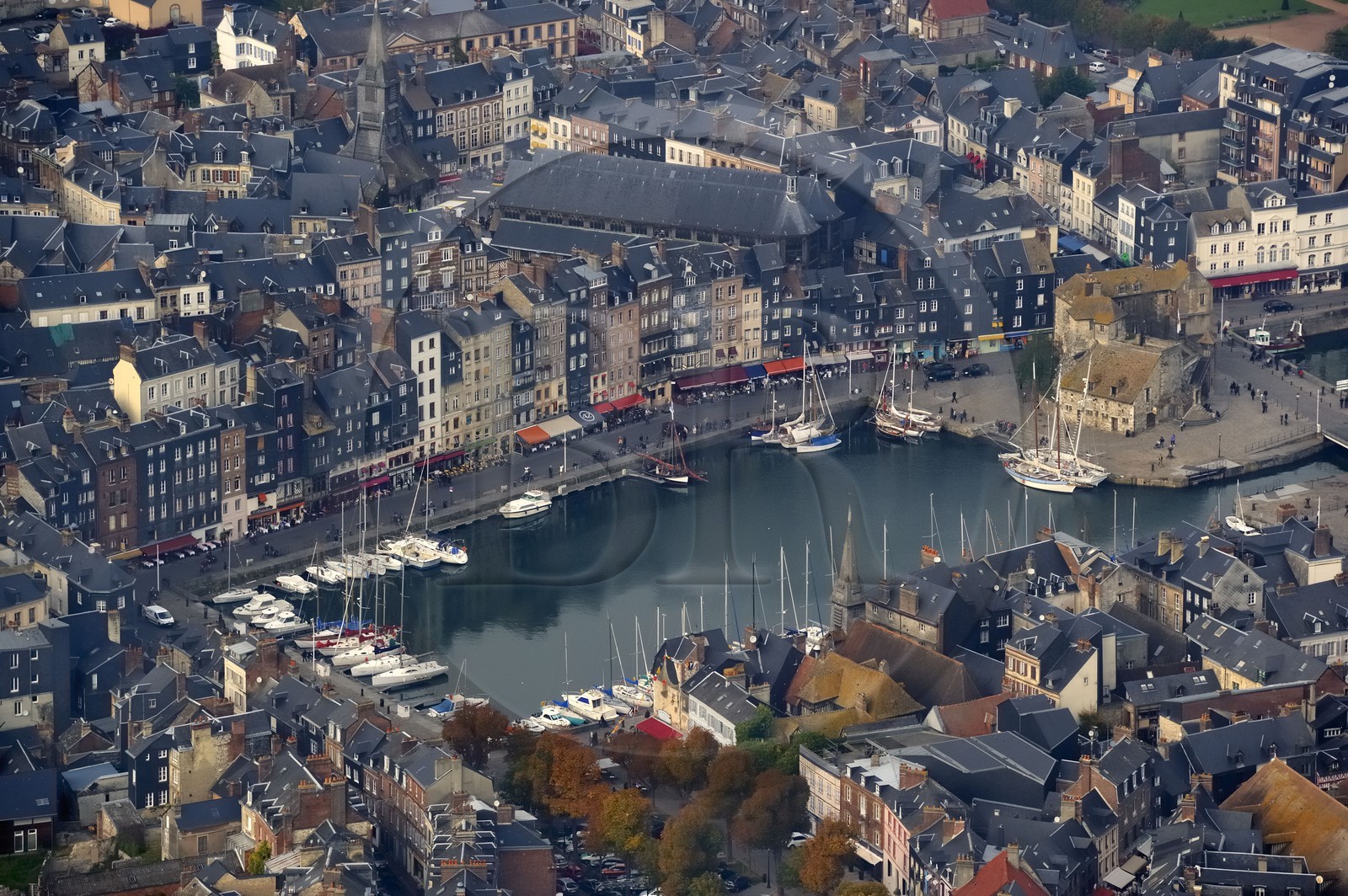 France, Calvados, Honfleur and its picturesque Old Harbour (aerial view)