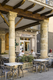 France, Aveyron, Millau, place du Marechal Foch, the pillory is still partly visible on the left column