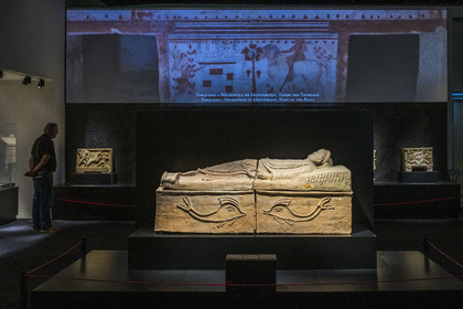 France, Gard, Nimes, Romanity museum (Musée de la Romanite), Etruscans, a civilization of the Mediterranean, male Etruscan sarcophagus (Tuscania late 2nd century BC) (temporary exhibition)