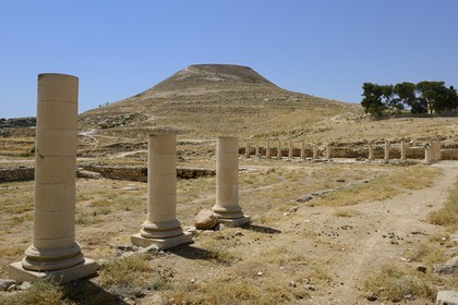 Israel, West Bank, Herodium or Herodion is a volcano-like hill with a truncated cone with a a fortress and palace build by Herod the Great (Herodion National Park), remains of the palace of the lower Herodium and its basin