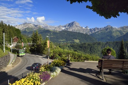 Switzerland, Canton of Vaud, Villars-sur-Ollon, panorama of the  massif of Argentine overlooking Solalex and the train going from Bex in the valley to Villars via Gryon