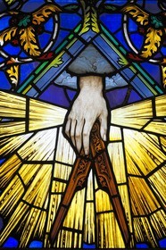 United Kingdom, London, United Grand Lodge of England, detail of a stained glass of symbols, the compass