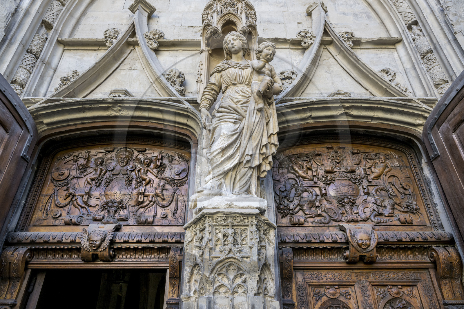France, Vaucluse (84), Avignon, basilique Saint Pierre (XVe et XVIe siècle), détail des portes monumentales en noyer d'Antoine Vollard (1551)