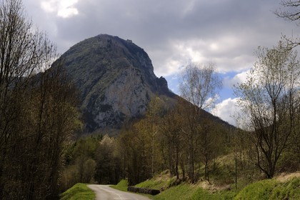 France, Ariege, Pays d' Olmes, Cathar Castle of Montsegur perched on a rock