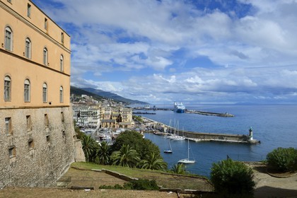 France, Haute Corse, Bastia, the Citadel district of Terra Nova, harbor view from the the palace of the Genoese governors, the Isle of Capraia of the Tuscan archipelago in the background