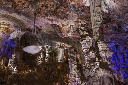 France, Gard, Mejannes-le-Clap, grotte de La Salamandre (Salamander cave), discovery of the cave in Aéroplume®, an individual dirigible balloon inflated with helium which allows you to fly away by flapping your wings