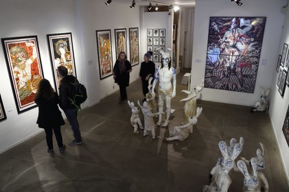 France, Paris, Arts Factory, Contemporary art gallery, exhibition of the artist Paul Toupet (sculpture) and Mikael de Poissy (paintings of tattoos)