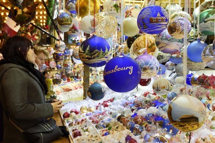 France, Bas Rhin, Strasbourg, old town listed as World Heritage by UNESCO, Christmas market (Christkindelsmarik) on the place Broglie, Christmas bauble