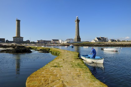 France, Finistere, Penmarch, Pointe de Penmarc'h, St Pierre Harbour, Eckmuhl Lighthouse on the right, former lighthouse and semaphore left