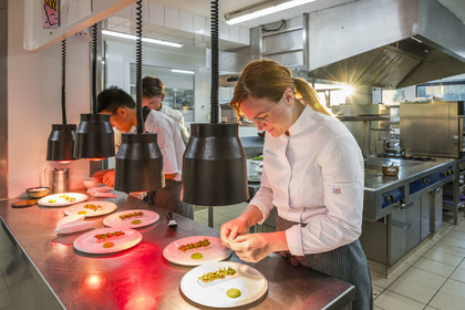 France, Finistère, Plougonvelin, restaurant Hostellerie de la Pointe Saint-Mathieu 1 Michelin star, chef Nolwenn Corre