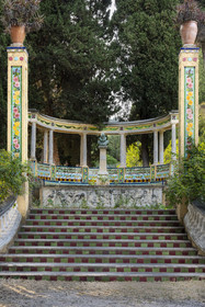 France, Alpes-Maritimes, Menton, Fontana Rosa Garden, Cervantes rotunda, bust of Cervantes and ceramic tiles decorated benches depicting Don Quixote's adventures