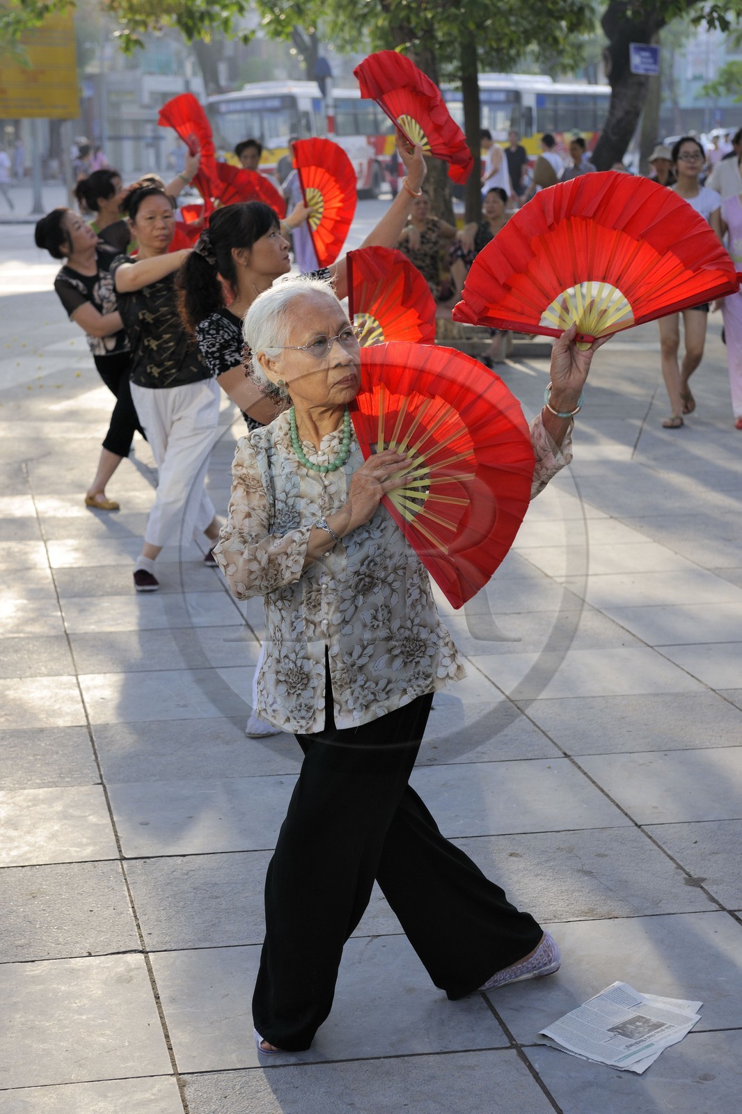 Vietnam, Hanoï, vieille ville, lac Hoan Kiem appelé le petit lac ou lac de l'épée restituée, femmes pratiquant le Tai chi