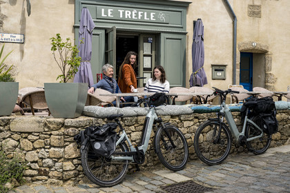 France, Vendee, Mallièvre, the terrace of the café Le Trèfle on rue du Haut in the town makes a magnificent stopover for cyclists on the Vendée Vélo Tour cycle route