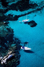 France, Corse du Sud, boats anchored in Lavezzi Islands archipelago (aerial view)
