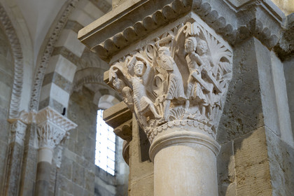 France, Yonne, regional natural park of Morvan, Vézelay, a UNESCO World Heritage site, labelled Les Plus Beaux Villages de France, starting point of one of the main ways to Santiago de Compostela, the Basilica of Saint Mary Magdalene, capital of the nave (12th century)