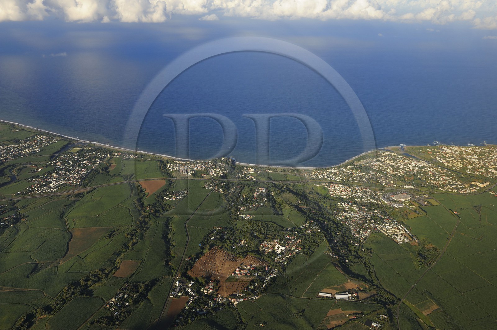 France, Reunion Island (French overseas department), north-eastern coast between Sainte Suzanne and Saint Andre, sugar cane fields (aerial view)