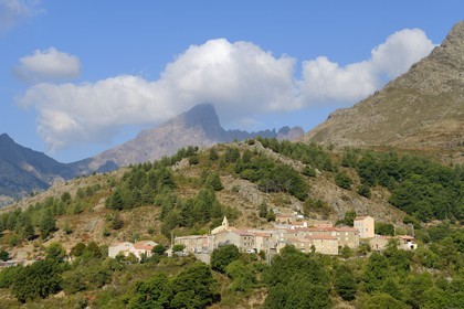 France, Haute Corse, Niolu (Niolo) region, Calasima highest village in Corsica (1 095m) at the foot of the Paglia Orba mountain shaped as a shark fin