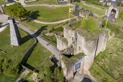 France, Vendee, Tiffauges, the castle of Tiffauges, ancient castle in ruins where Gilles de Rais resided and specialized in medieval war machines (aerial view)