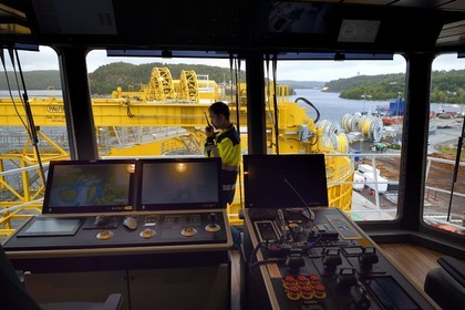 Norway, Ostfold County, Halden, Nexans Aurora cable-laying vessel, control center of the turntable which has a capacity to carry up to 10,000 tonnes of cables