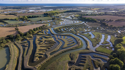 France, Vendée (85), Talmont Saint Hilaire, la Pointe du Payré, marshes developed for fish farming of sea bream, mullet and eels
