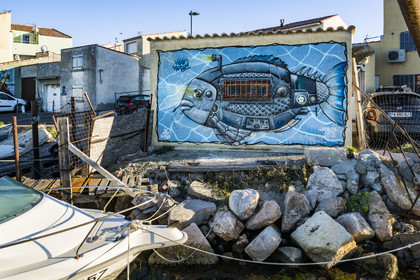 France, Herault, Sete, la Pointe Courte district, fishing district on the banks of the Etang de Thau, mural by the artist Lamaise