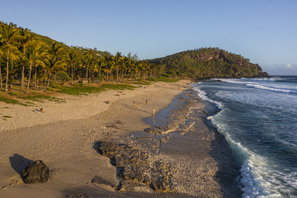 France, Reunion island (French overseas department), Petite-Ile on the southern coast, Grande Anse white sand beach at the foot of the Grande-Anse peak (aerial view)