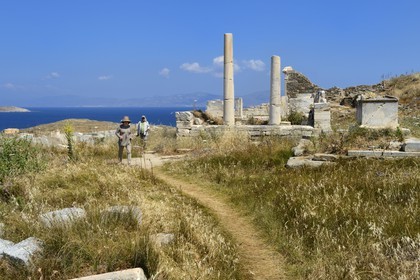 Greece, Cyclades islands, Delos, listed as World Heritage by UNESCO, the archaeological site of Delos, Apollo's Sanctuary, the most ancient city of the Aegean Sea, terrace of foreign Gods